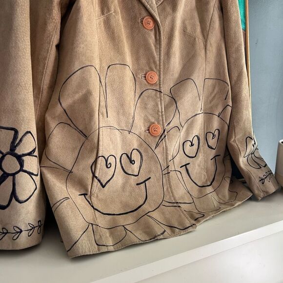 Danier Tan Leather Jacket with Floral Design Hand Drawn Small - Picture 6 of 16